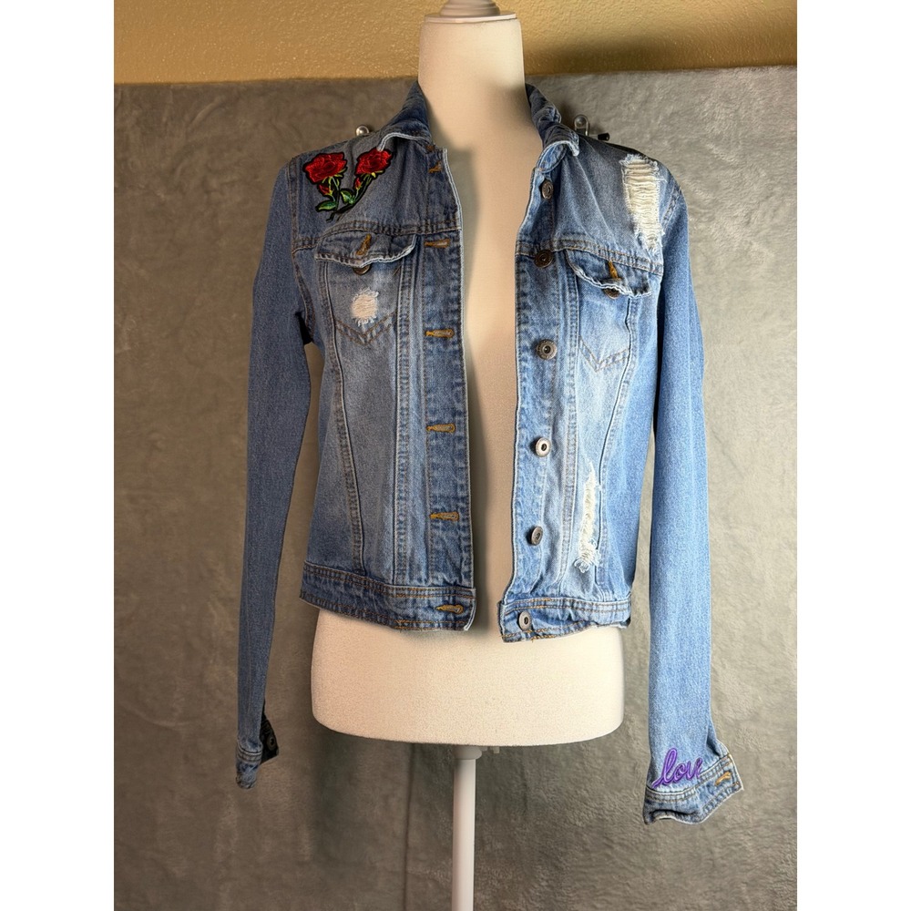 HIGHWAYโ Denim Jacket Womens S Blue Rose Embroidered Distressed Love Sleeve